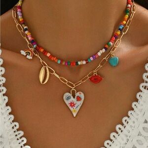 Colorful Beaded Necklace Set with Heart Pendant